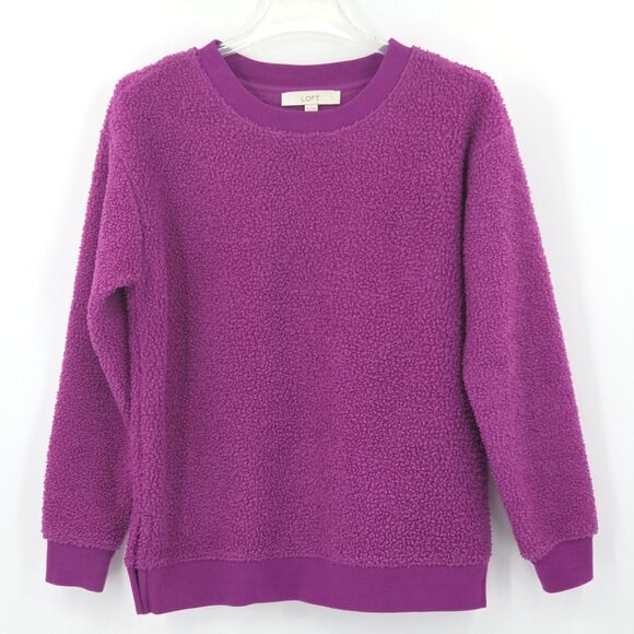 LOFT Sweatshirt Womens Size XS  Purple Crewneck Fuzzy Fleece Faux Sherpa Fall - Picture 1 of 6